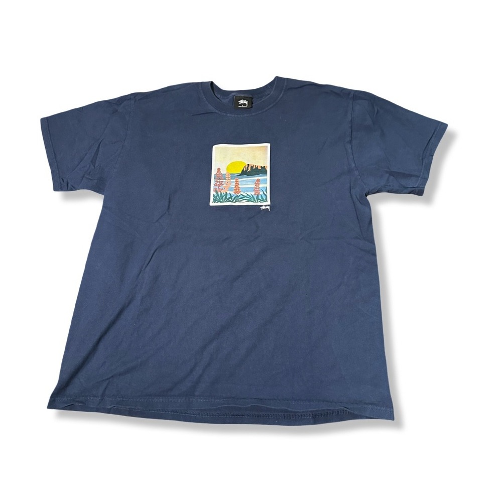 Stussy Graphic Tee Mens Large Navy Blue Excellent Tropical Sunset Streetwear